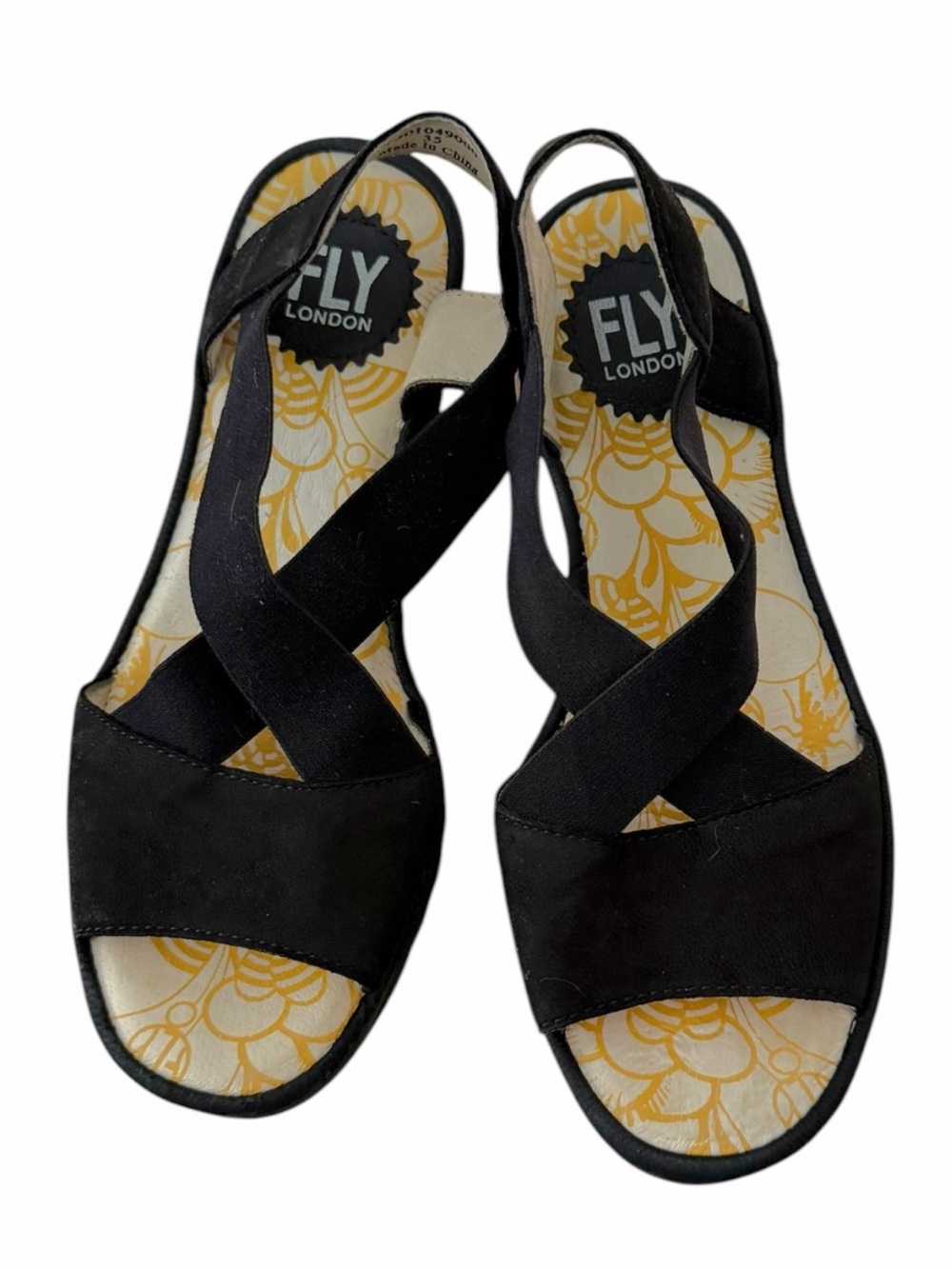 Fly London Yaji888fly Black Leather Crisscross Elastic Wedge Sandals Sz 35 US 5 - Picture 2 of 9